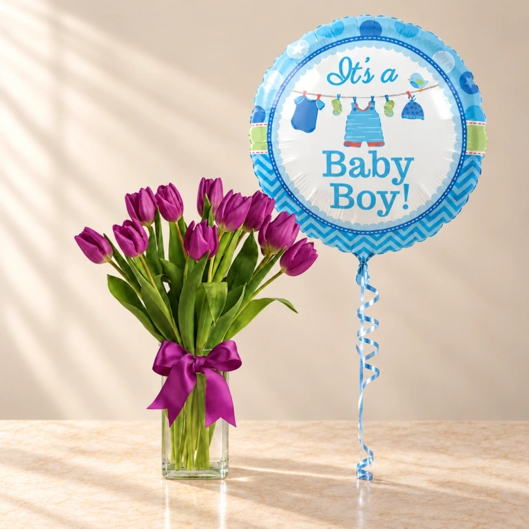 Ten purple tulips in a slim square glass vase with a purple bow and one blue Baby Boy balloon