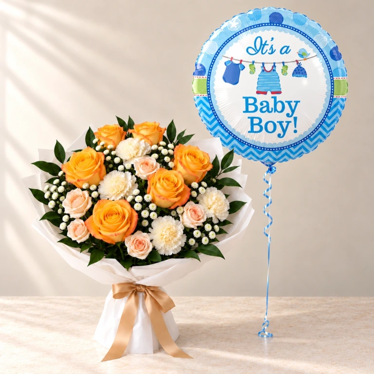 Yellow Sunshine roses, blush roses and white flowers with one blue Baby Boy balloon