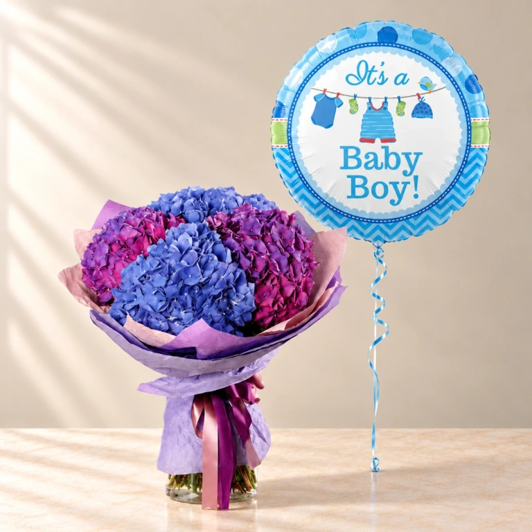 Blue and purple hydrangeas in lilac wrapping with one blue Baby Boy message balloon