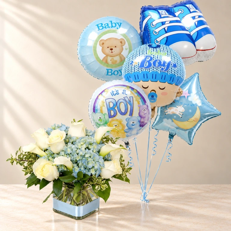 Ocean Breeze blue and cream flowers in a square glass vase with the five-foil Baby Boy balloon set