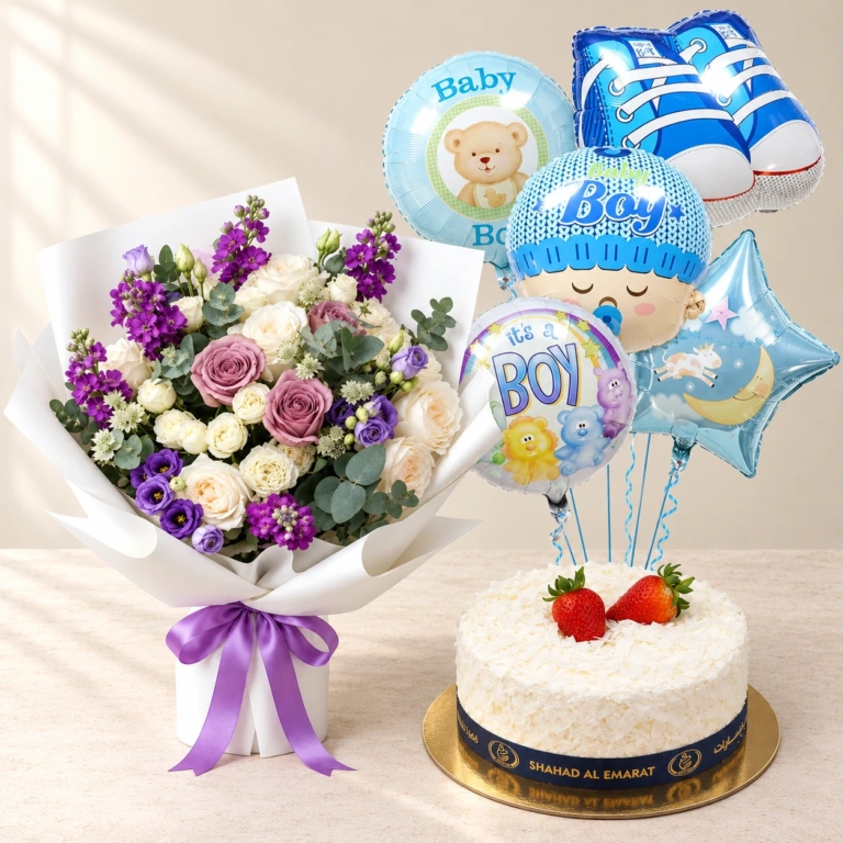 Purple Poetry flowers with the original White Forest cake and five Baby Boy foil balloons