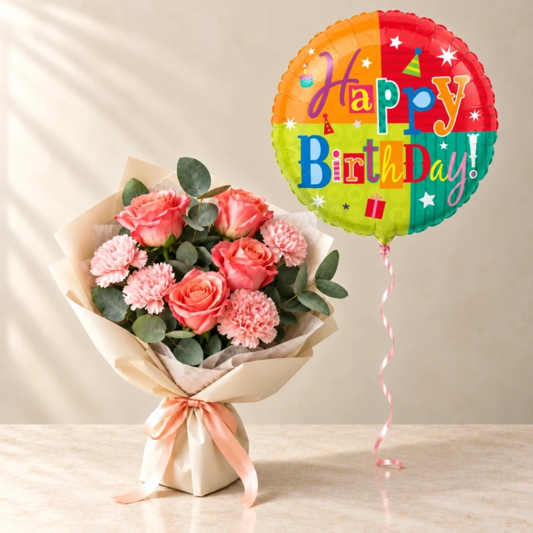 Four coral-pink roses and four pink carnations with one multicolour Happy Birthday foil balloon