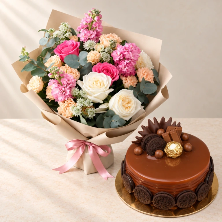 Pink, cream and peach Hues of Nature flowers beside the round Oreo Chocolate Cake