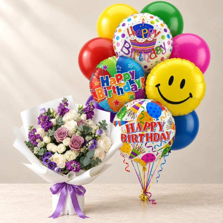 Purple Poetry flowers in white wrapping with the full colourful Happy Birthday balloon set