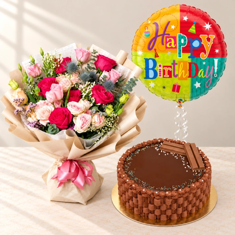 Radiant Rainbow roses with the round Kitkat Chocolate Cake and one Happy Birthday foil balloon