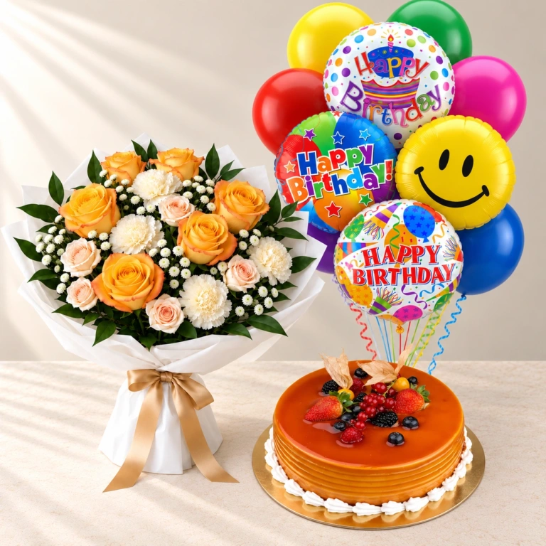 Yellow Sunshine flowers with Caramel Cake and the full colourful Happy Birthday balloon set
