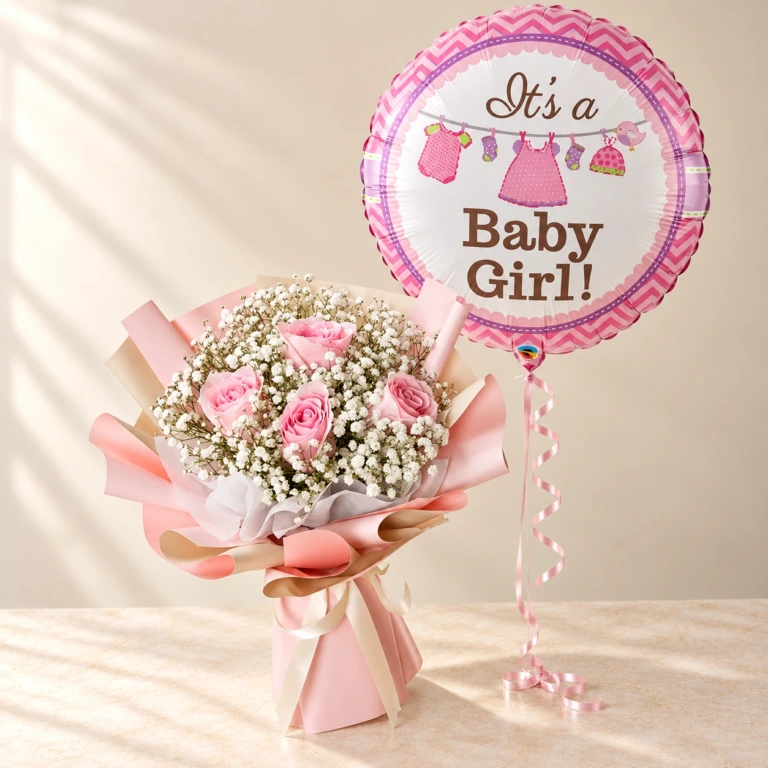 Four pink roses and white gypsophila in pastel wrapping with one pink Baby Girl balloon