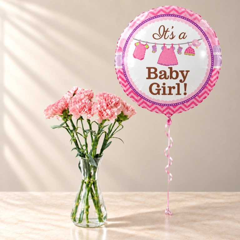 Ten soft-pink carnations in a slender clear glass vase with one pink Baby Girl balloon