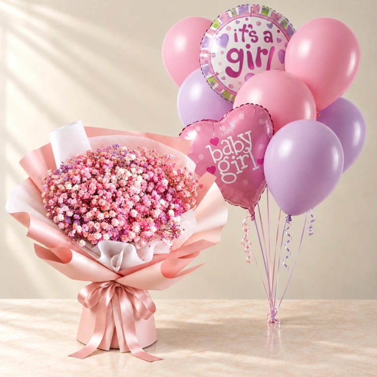 Pink Cloud gypsophila with two Baby Girl foil balloons and six pink and lilac latex balloons