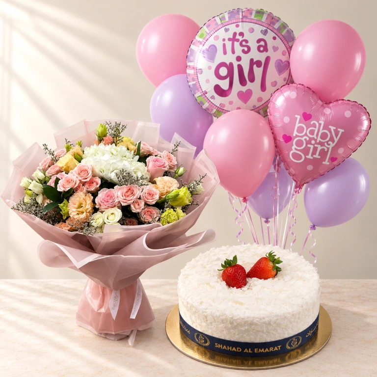 Pastel Whispers flowers with the original White Forest cake and the pink and lilac Baby Girl balloon set