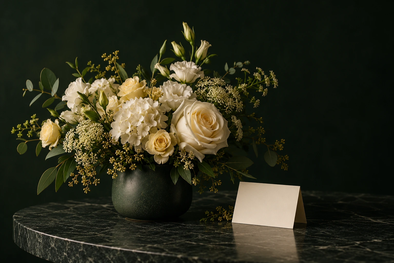 Ivory and pale-yellow flowers in a dark green ceramic vessel beside a blank card on a dark table