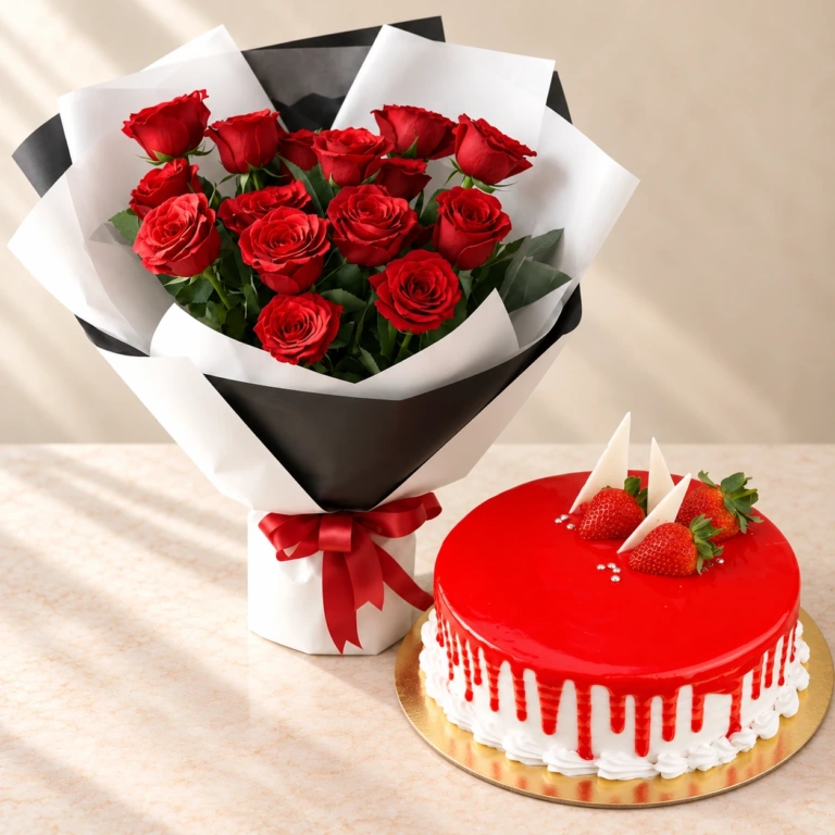 Eternal Love red roses in black and white wrapping beside the round Strawberry Cake