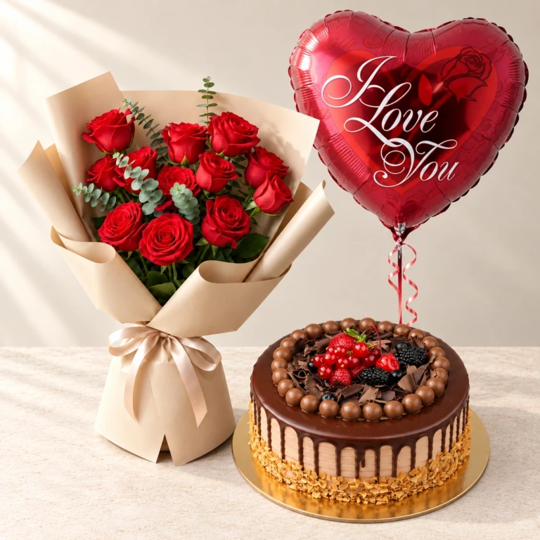 Passionate Scarlet red roses with Chocolate Cake and one red I Love You heart balloon