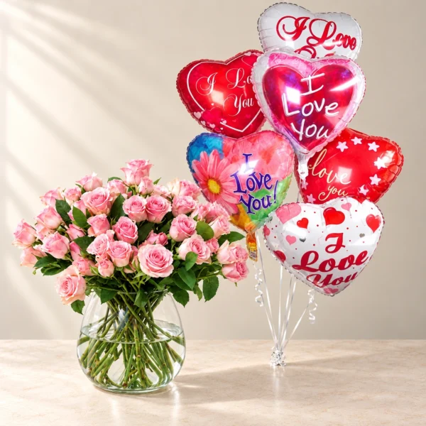 Pink Roses & Six Love Balloons Bundle Rosy Cherub pink roses in a rounded clear glass vase with six printed Love heart balloons
