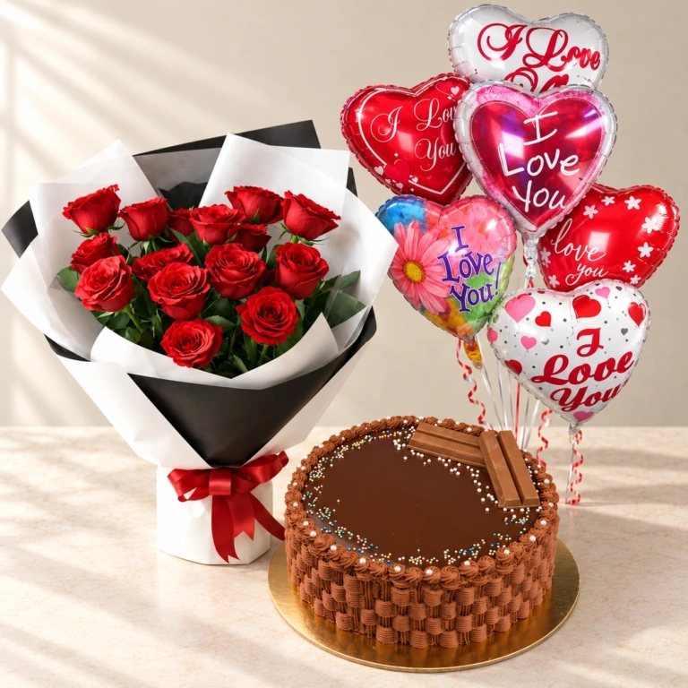 Eternal Love red roses with Kitkat Chocolate Cake and six printed Love heart balloons