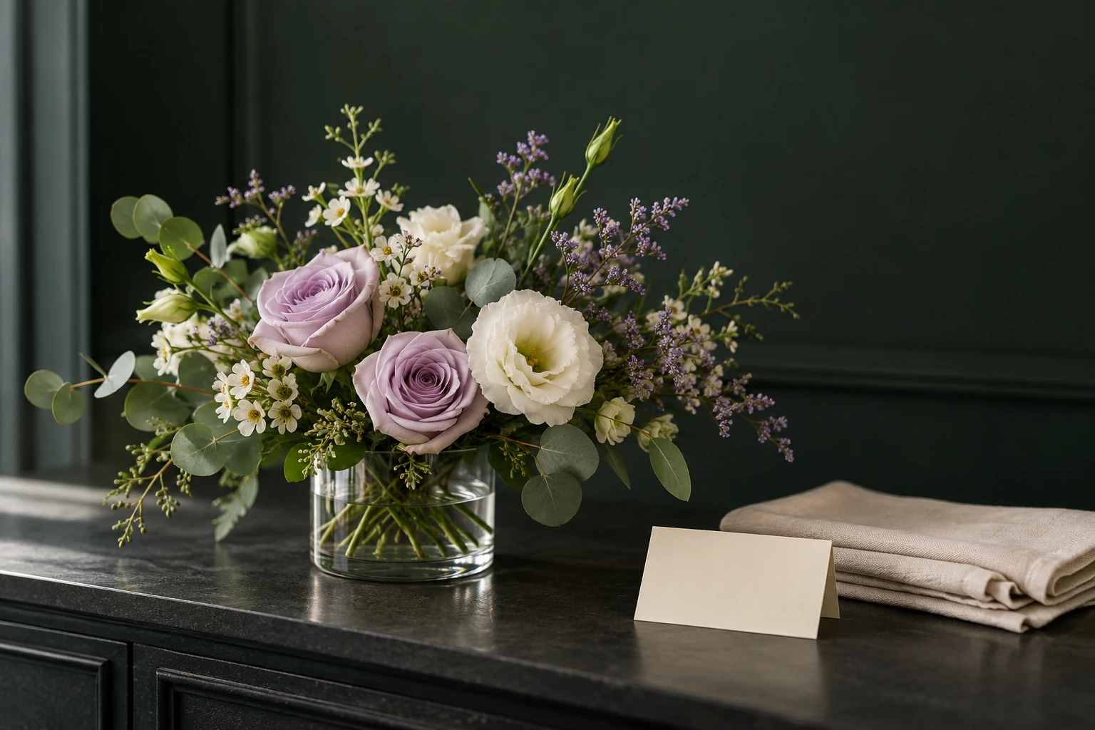 Lavender and ivory flowers in a low glass vase beside folded linen and a blank card against a dark background